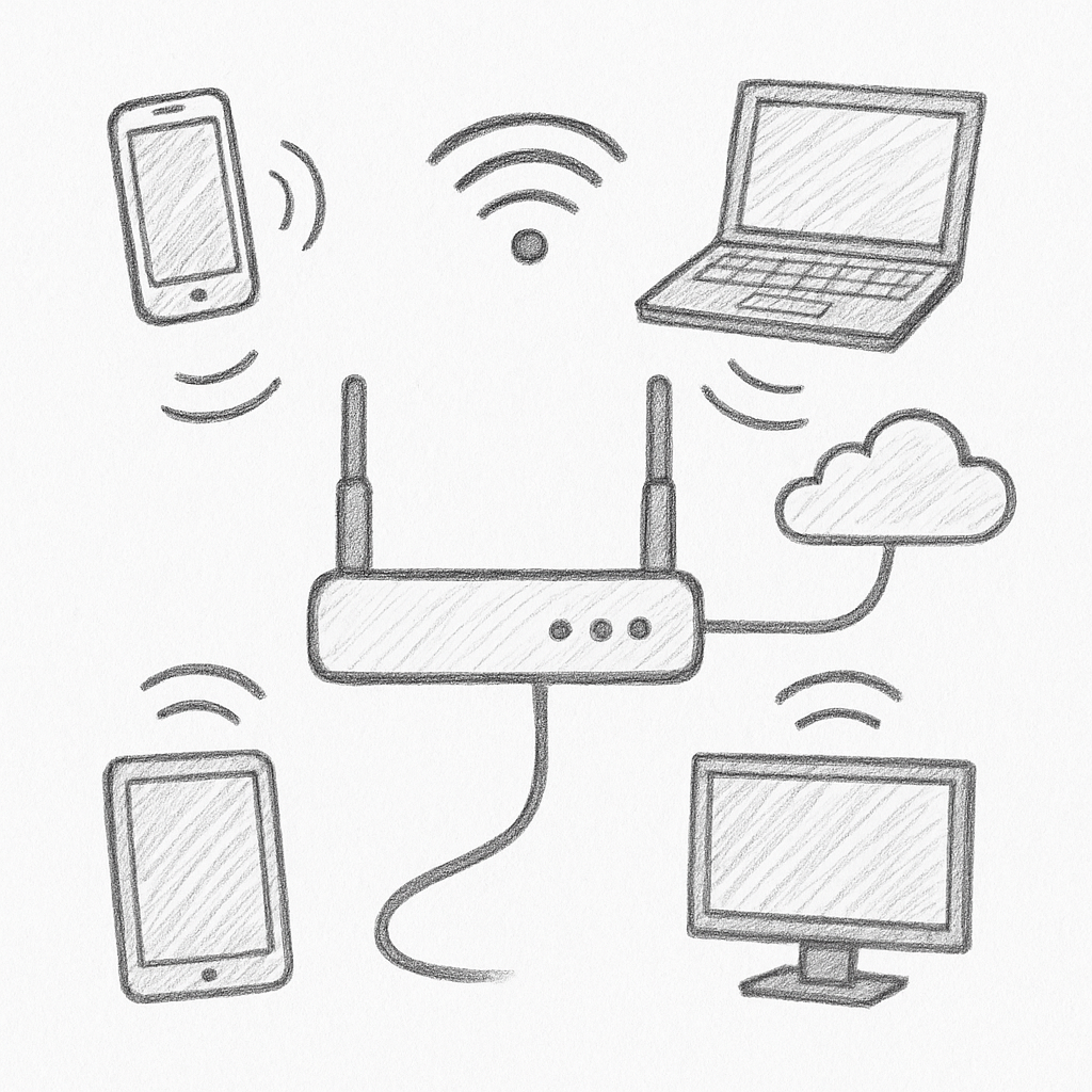 Various devices (smartphone, laptop, tablet, desktop) wirelessly connected to a Wi-Fi router.